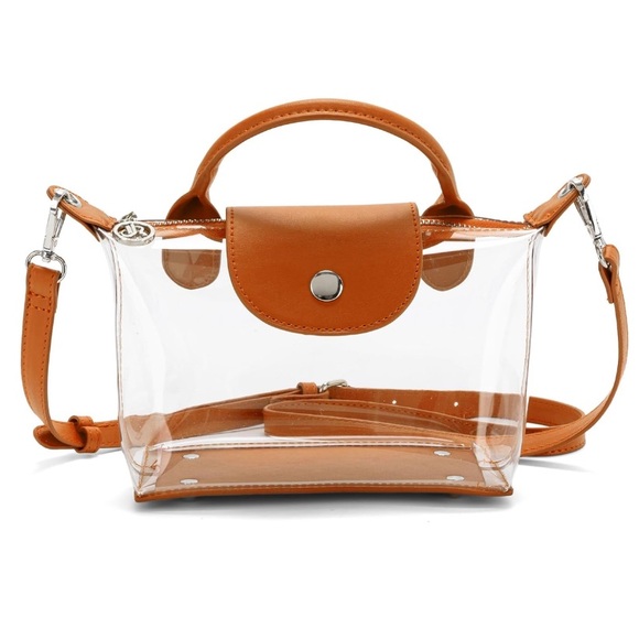 NEW Clear PVC Transparent Two-Way Tote Bag w/ Brown Accents Crossbody Stadium - Picture 3 of 4